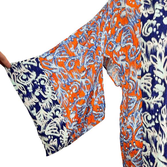 BCBGMaxazria | Tildie XS/S Blue Orange Ikat Print Oversized Open Kimono Cardigan - Picture 8 of 12